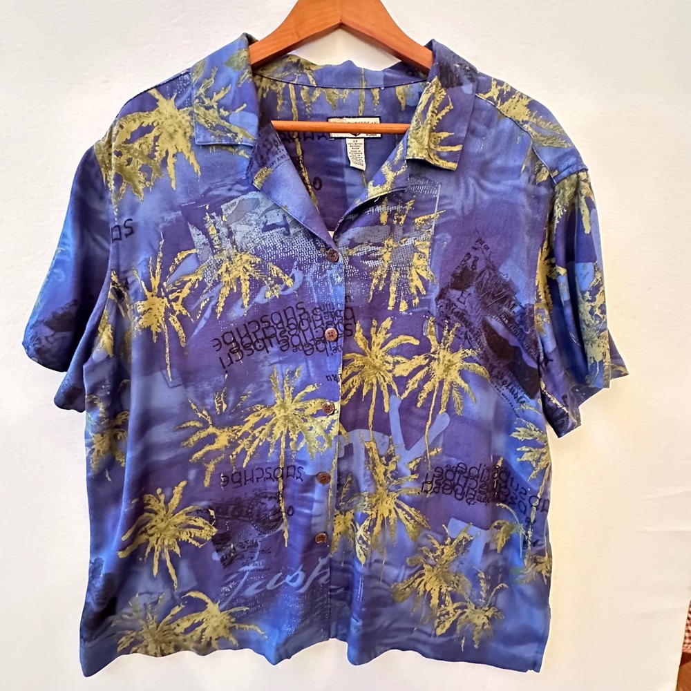 Caribbean Joe Woman Blue Tropical Palm Tree Rayon Button Down Shirt 2X Plus Size